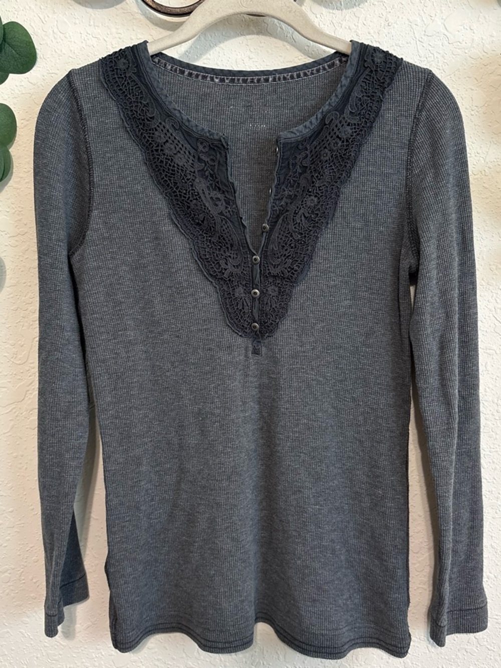 Y2K Grunge Gray Lace-Neck Thermal Henley Top✨